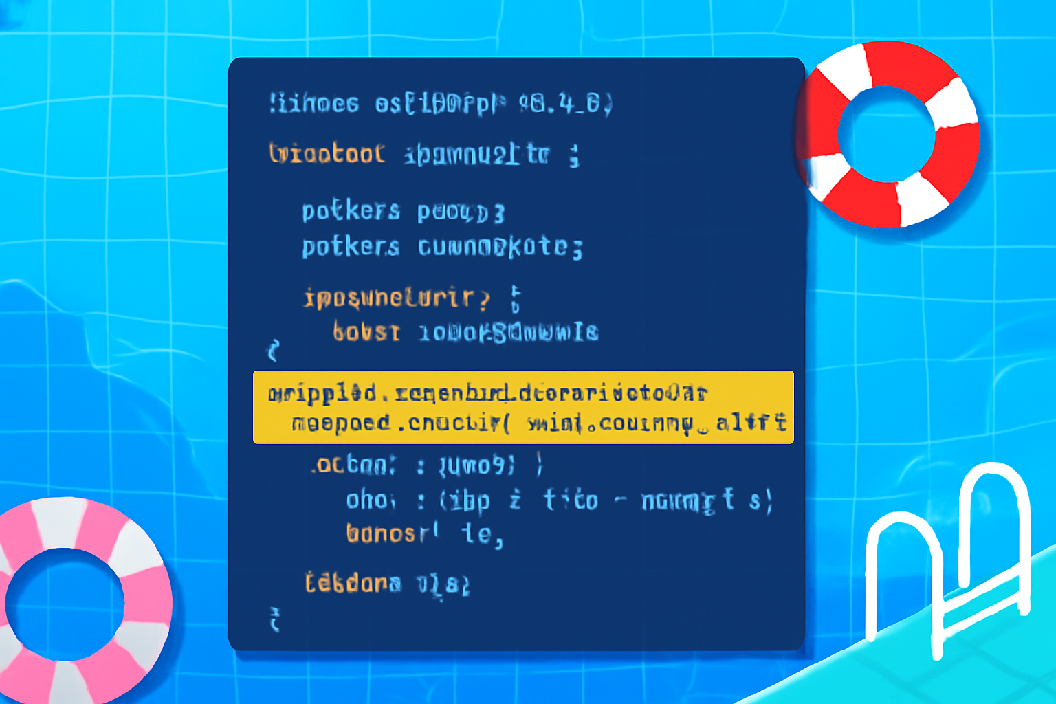 smart contract code with highlighted dynamic fee logic, overlaid on a digital pool graphic, vibrant and techy