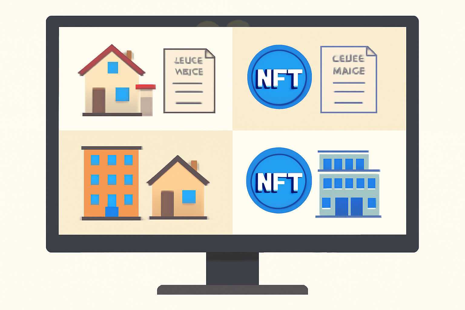 A computer screen displaying various real estate listings with digital tokens, each accompanied by a detailed project white paper