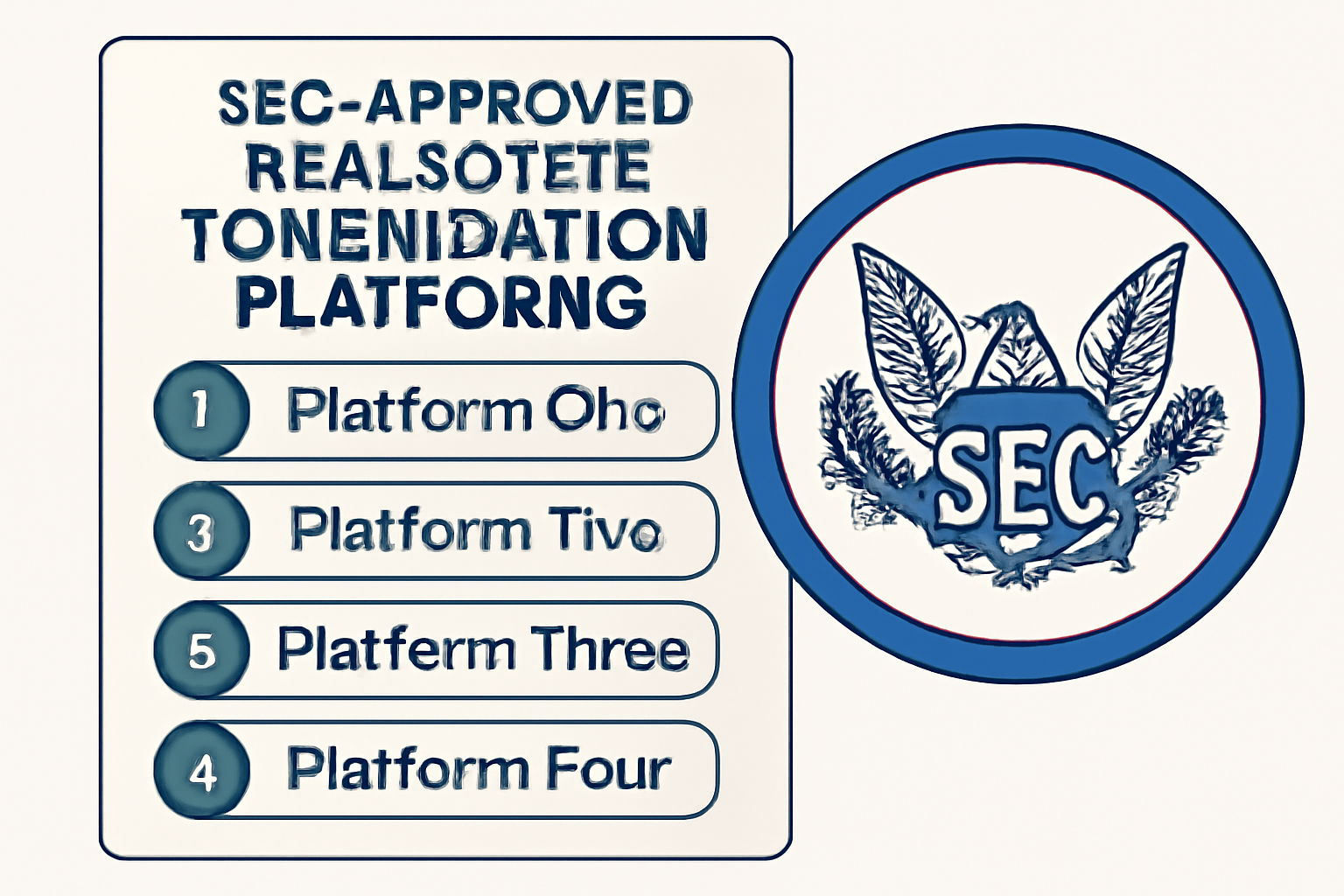 A digital interface displaying a list of SEC-approved real estate tokenization platforms with a highlighted SEC logo, modern and professional style