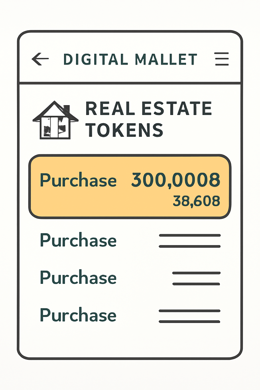 A digital wallet interface showing the purchase of real estate tokens, with a highlighted transaction of 300,000 baht ($8,500) and above