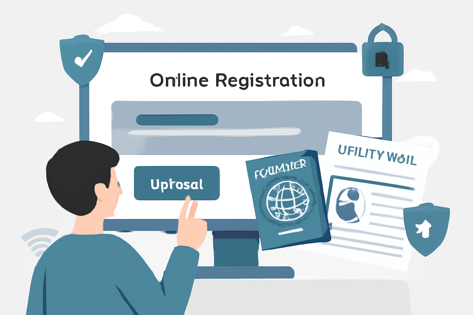 A user uploading passport and utility bill documents on a secure online registration form, with digital security icons