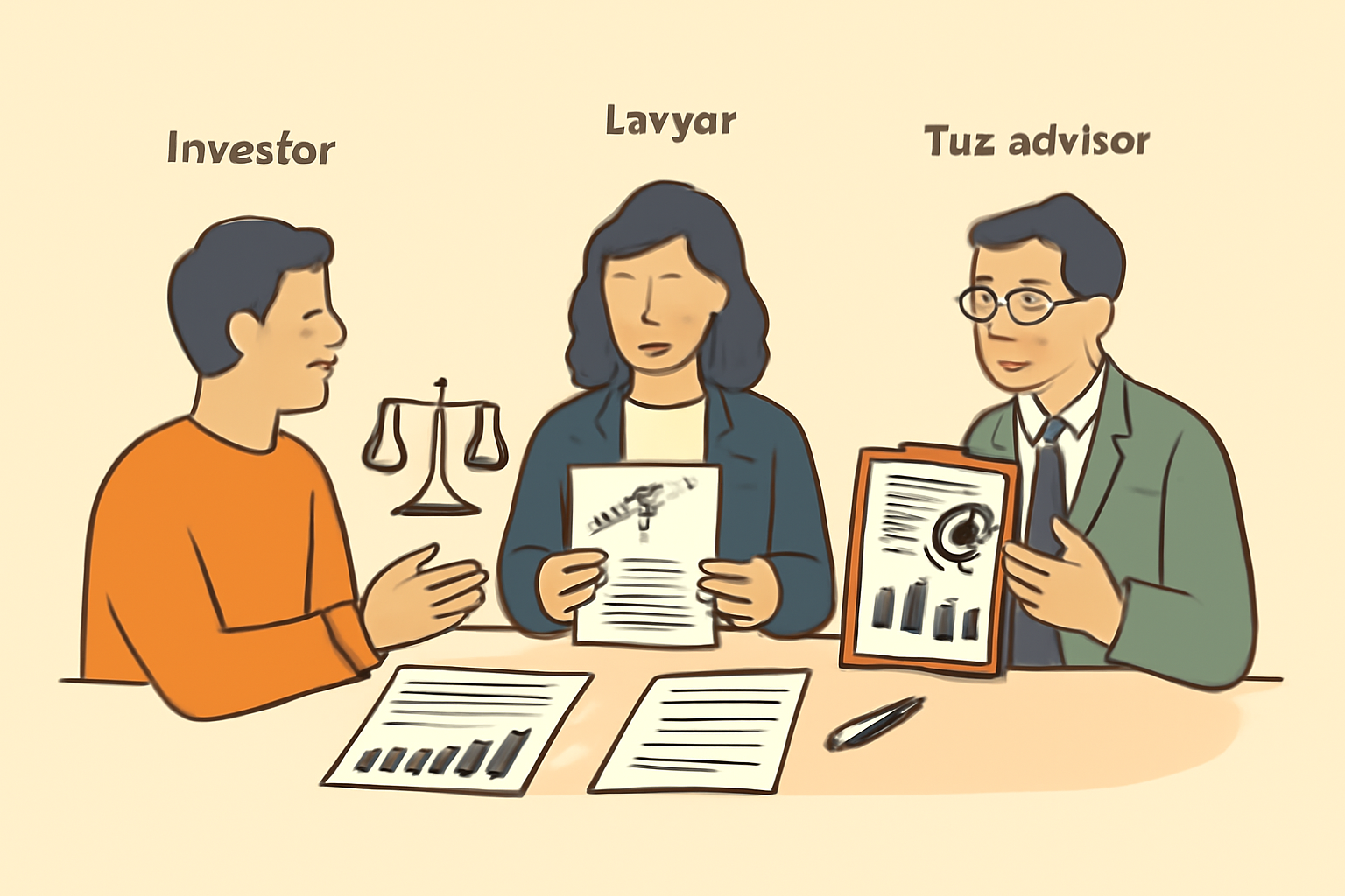 A consultation scene with an investor, a lawyer, and a tax advisor, with legal documents and charts on the table