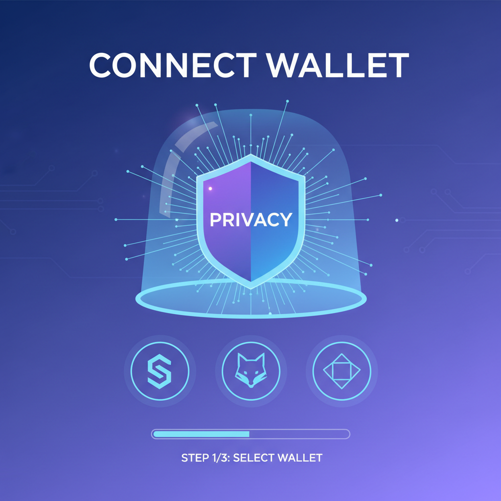 futuristic Solana wallet connection UI with glowing privacy shield