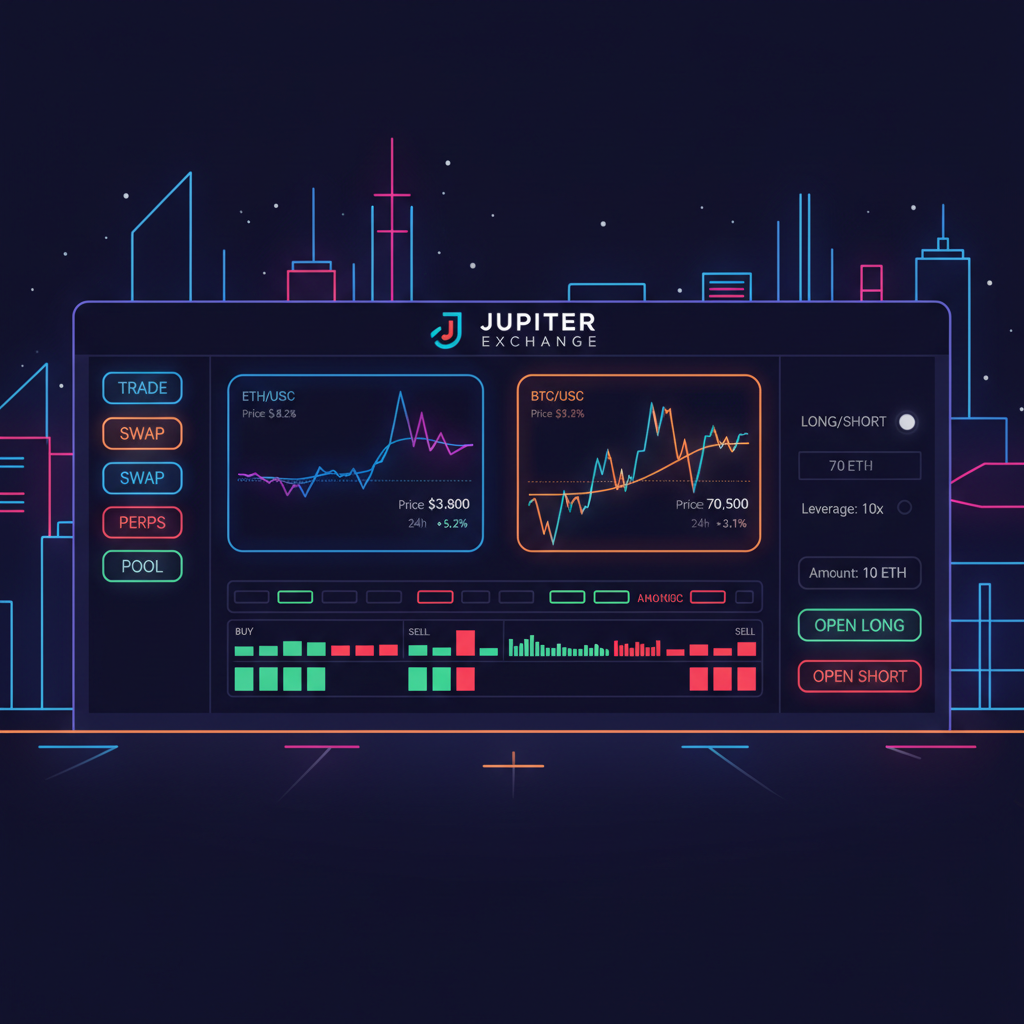 neon Jupiter Exchange perps dashboard with ETH BTC charts