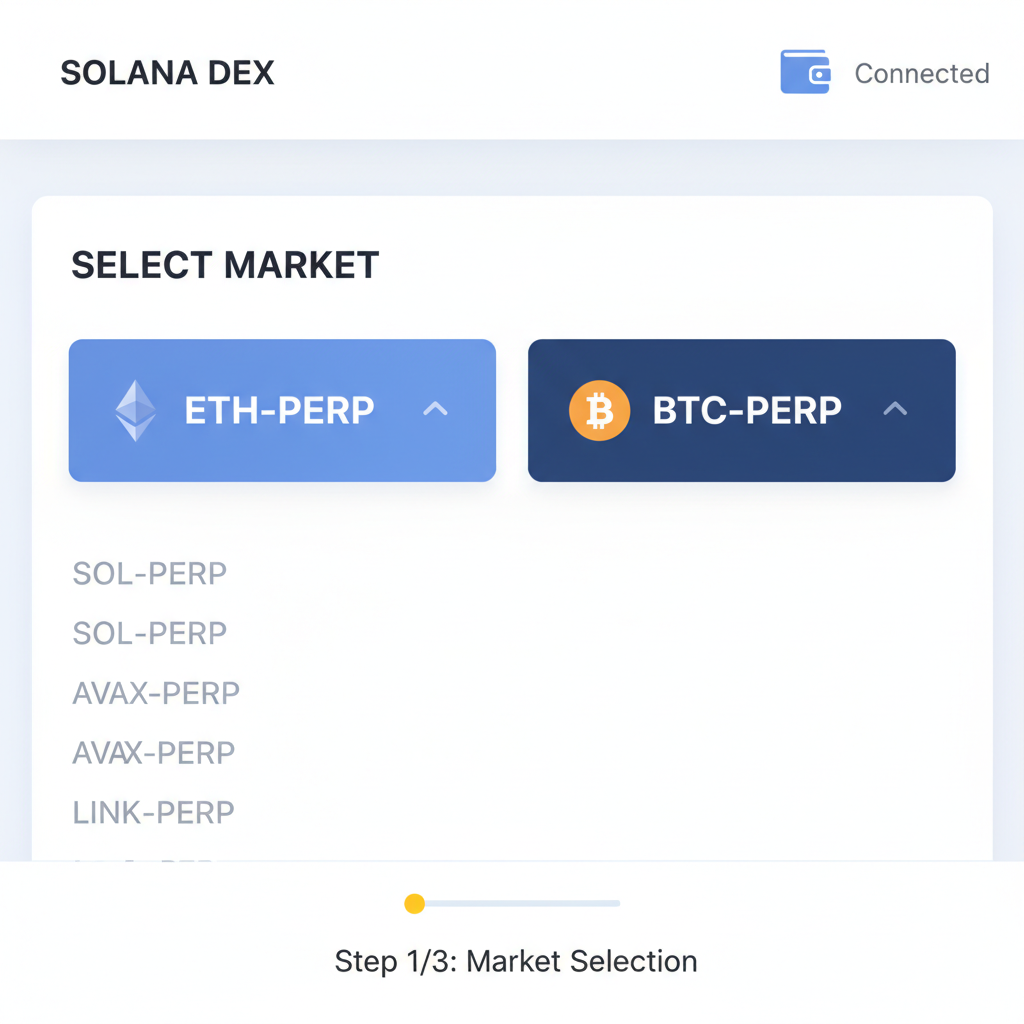 ETH BTC perp market selection screen on Solana DEX