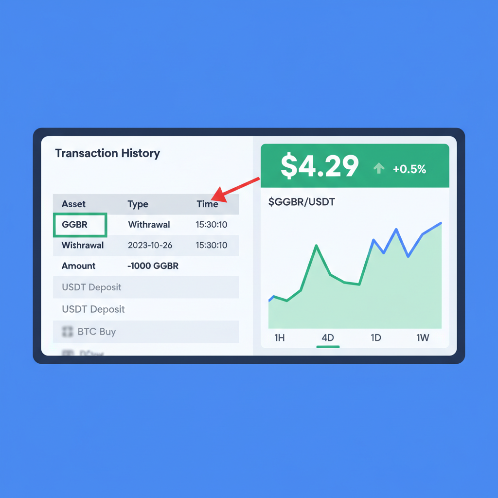 MEXC transaction history with GGBR withdrawal and live $4.29 price chart