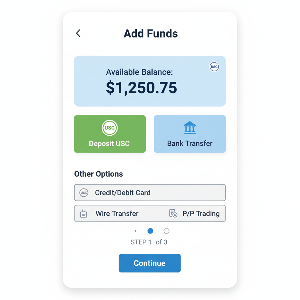 crypto wallet funding interface with USDC deposit, bank transfer options, balance display