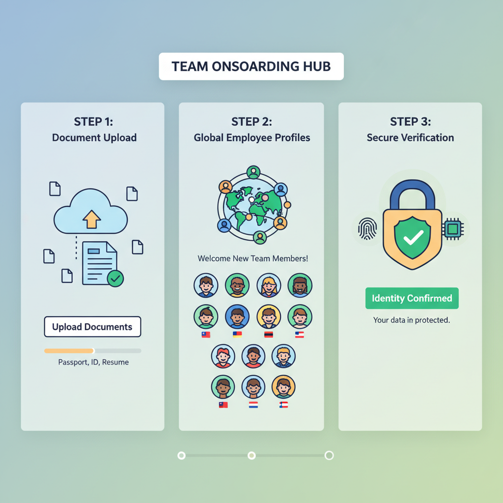team onboarding screen showing document upload, global employee profiles, secure verification interface