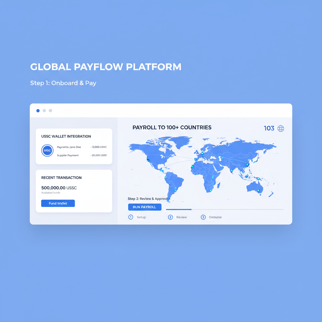modern payroll platform dashboard with USDC wallet integration and world map highlighting 100+ countries, clean UI, professional blue tones