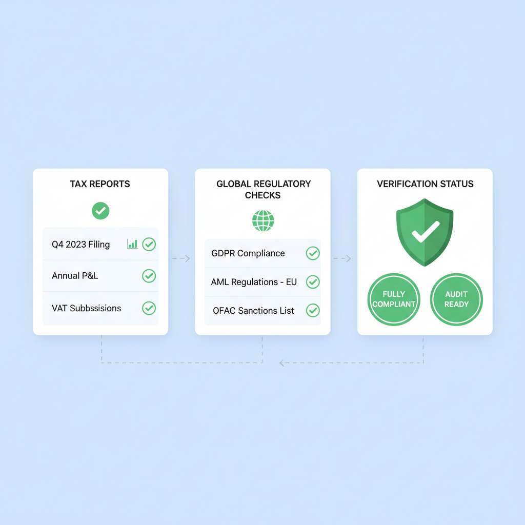 compliance dashboard with tax reports, global regulatory checks, green verification badges