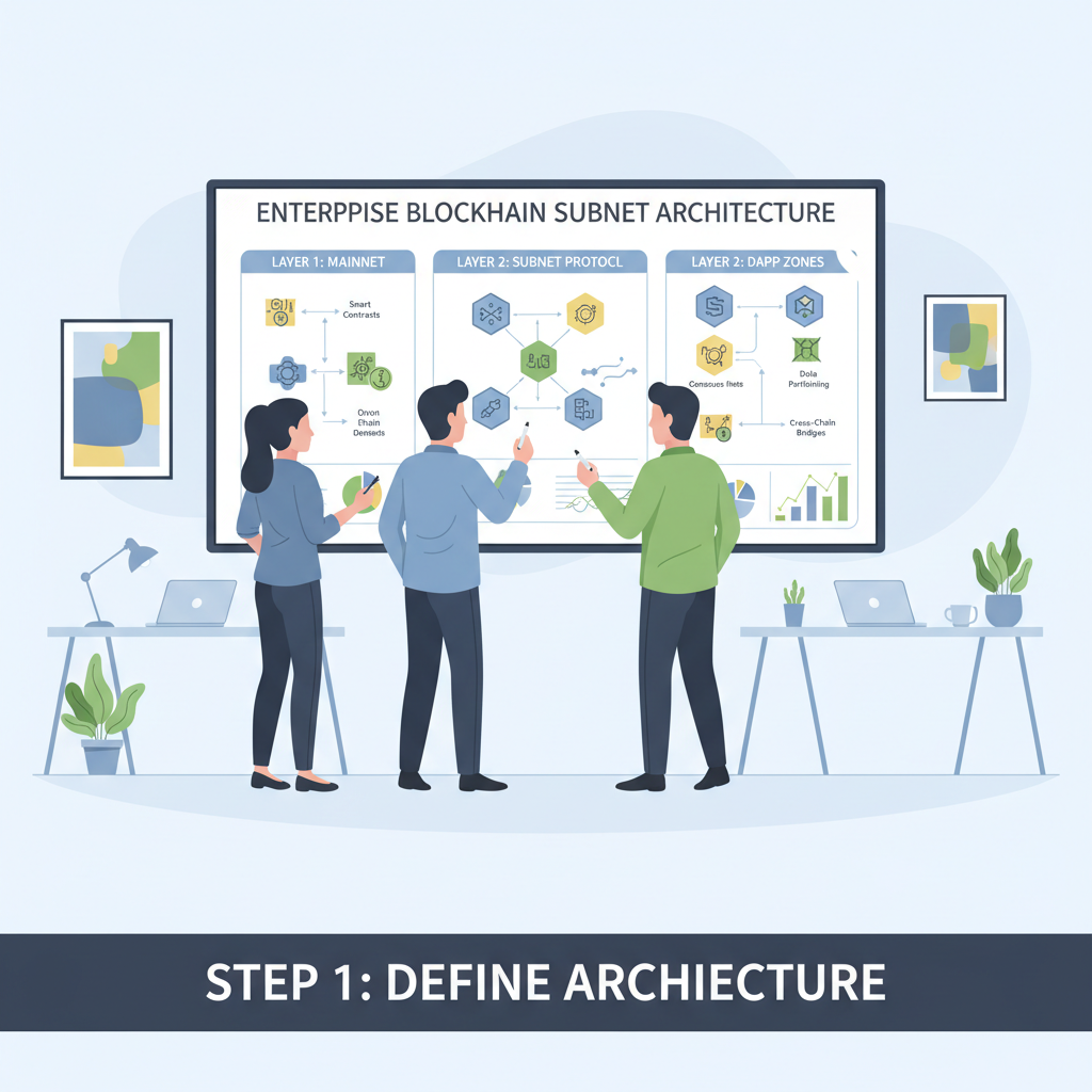 enterprise team planning blockchain subnet architecture on whiteboard, professional office, analytical diagrams
