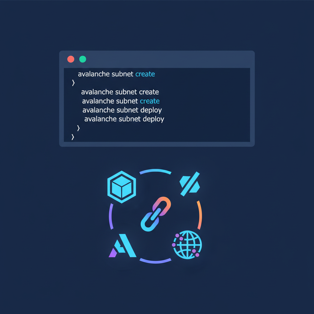 command line terminal creating Avalanche subnet, code and blockchain icons glowing