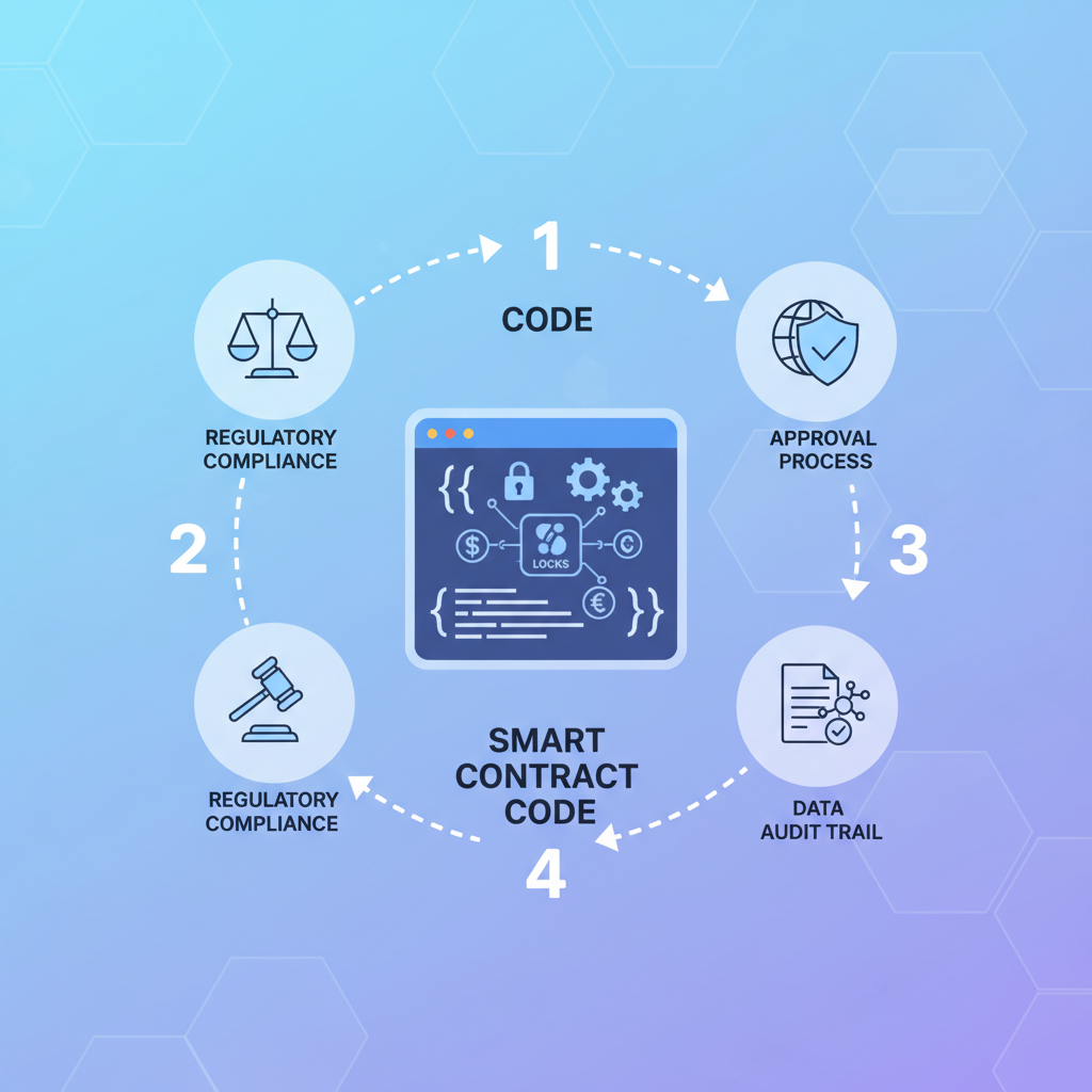 smart contract code for compliance rules on blockchain, locks and regulatory icons