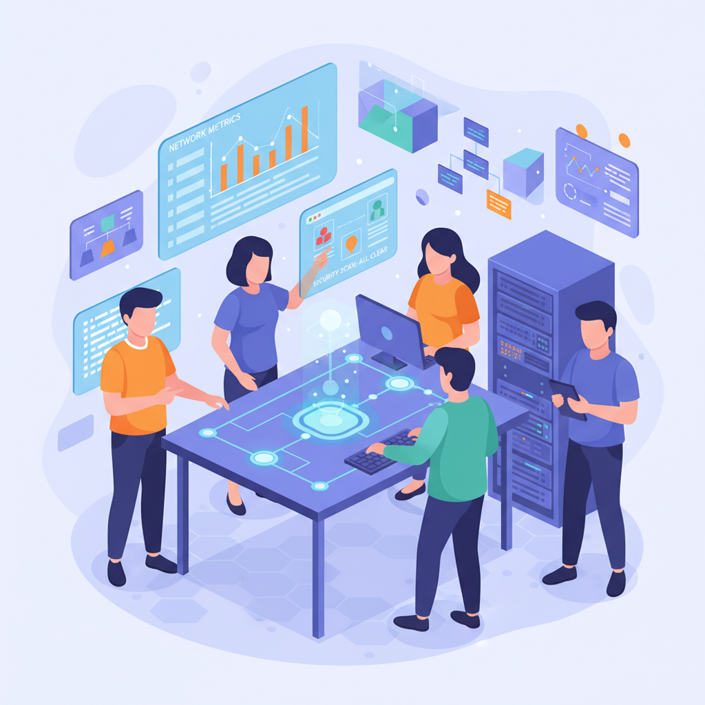 team testing blockchain subnet in lab, charts and security scans on screens