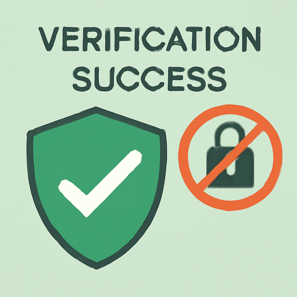 verification success screen with green checkmark shield and no data leak icons