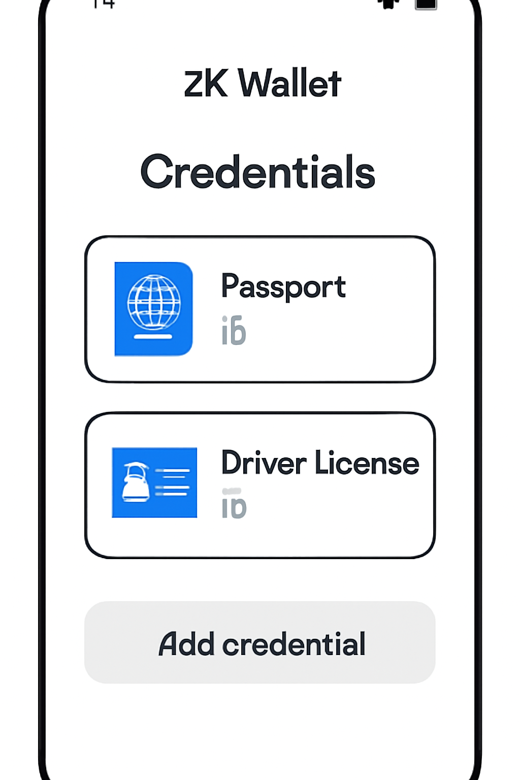mobile zk wallet app interface listing credentials like passport ID and driver license