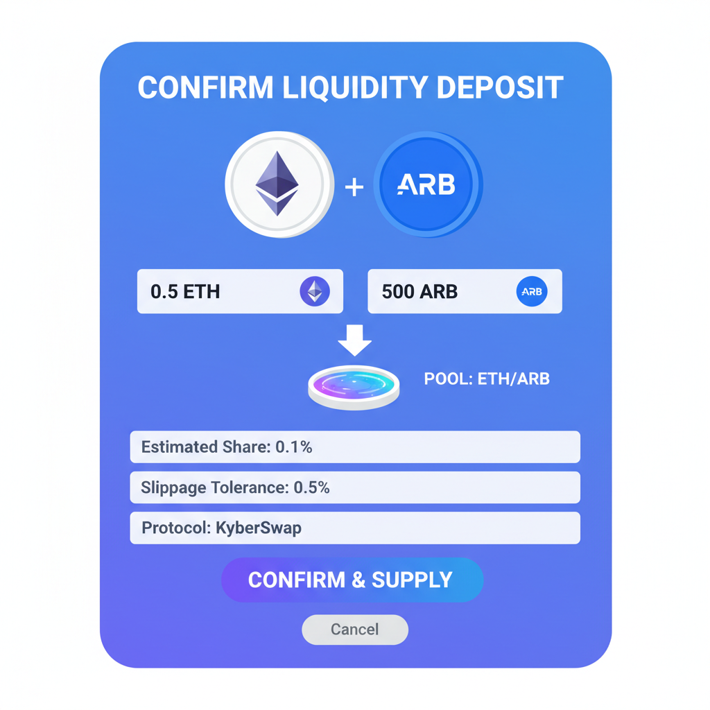 adding liquidity to ETH/ARB pool on KyberSwap, confirmation screen