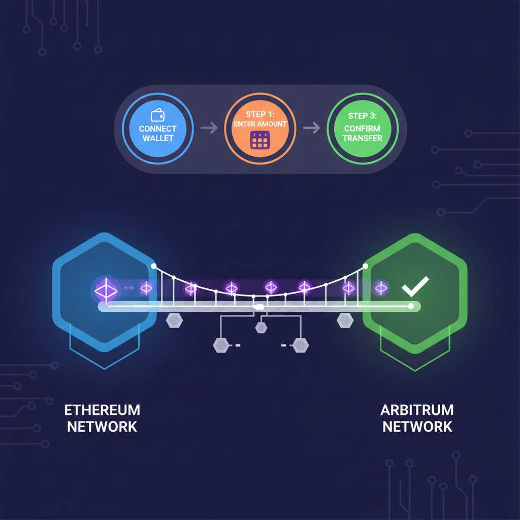 futuristic bridge transferring ETH from Ethereum to Arbitrum network, glowing portal UI