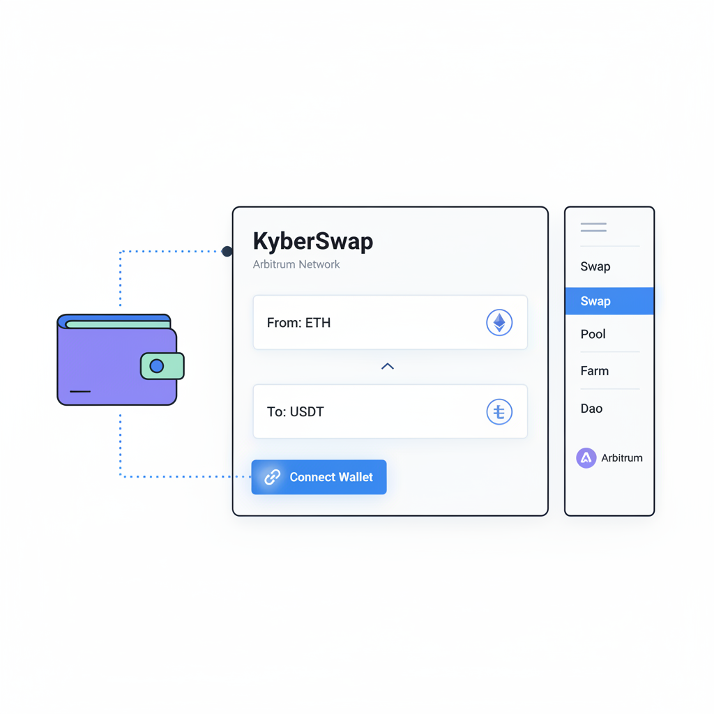 wallet connecting to KyberSwap interface on Arbitrum, clean DeFi dashboard