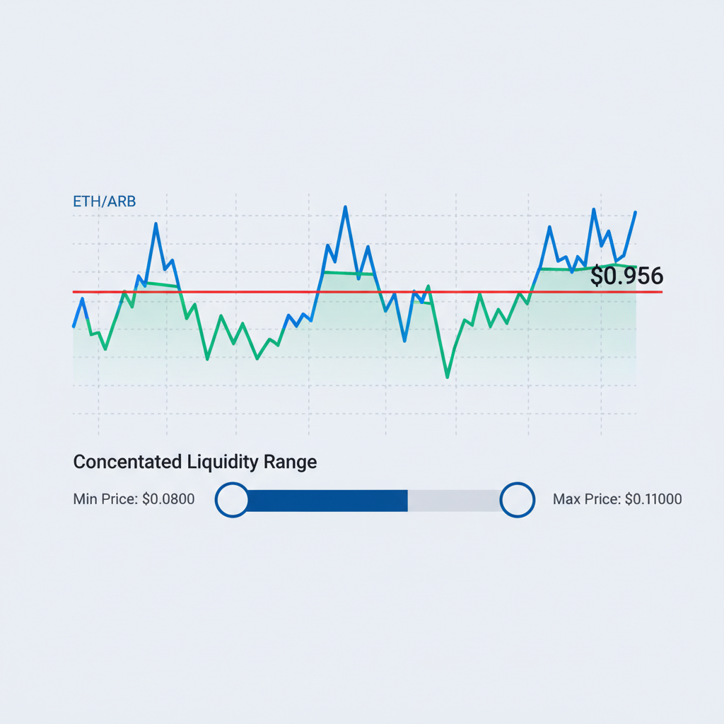 price chart of ETH/ARB at $0.0956 with concentrated liquidity range slider
