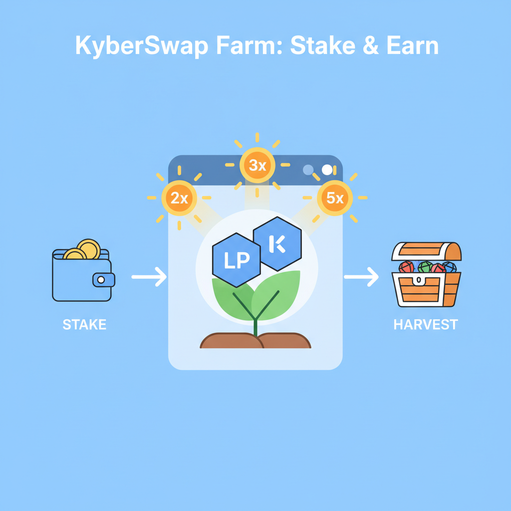 staking LP tokens in KyberSwap farm, reward multipliers glowing