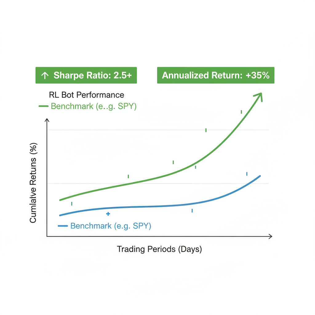 Sharpe ratio evaluation chart for RL trading bot, green performance metrics