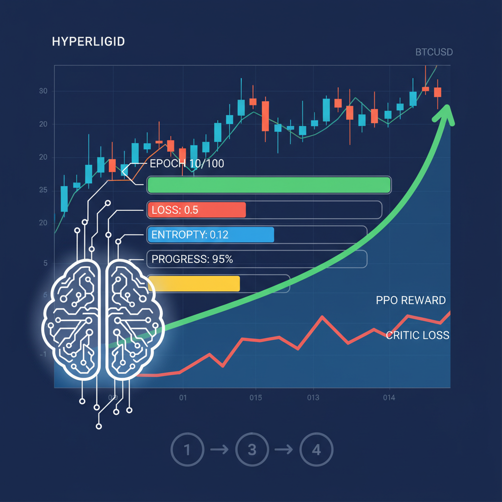 PPO model training graph on Hyperliquid BTC chart, progress bars, AI brain