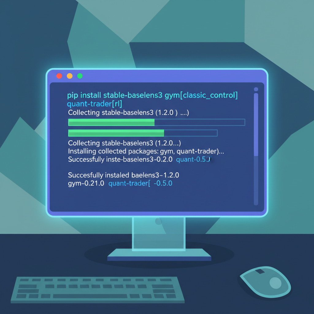 Python terminal installing trading RL libraries, code screen glow, futuristic UI