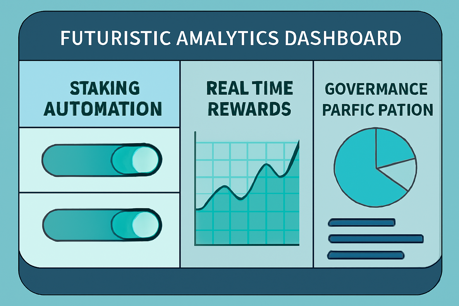 A futuristic analytics dashboard showing staking automation toggles, real-time reward graphs, and governance participation stats.