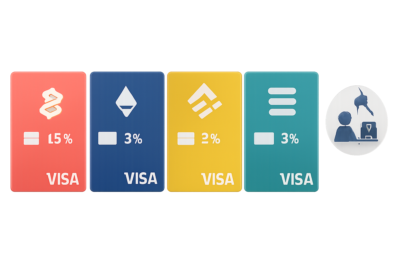 A sleek lineup of modern crypto Visa cards, each displaying their logo and reward percentages, with digital icons representing governance and voting rights.