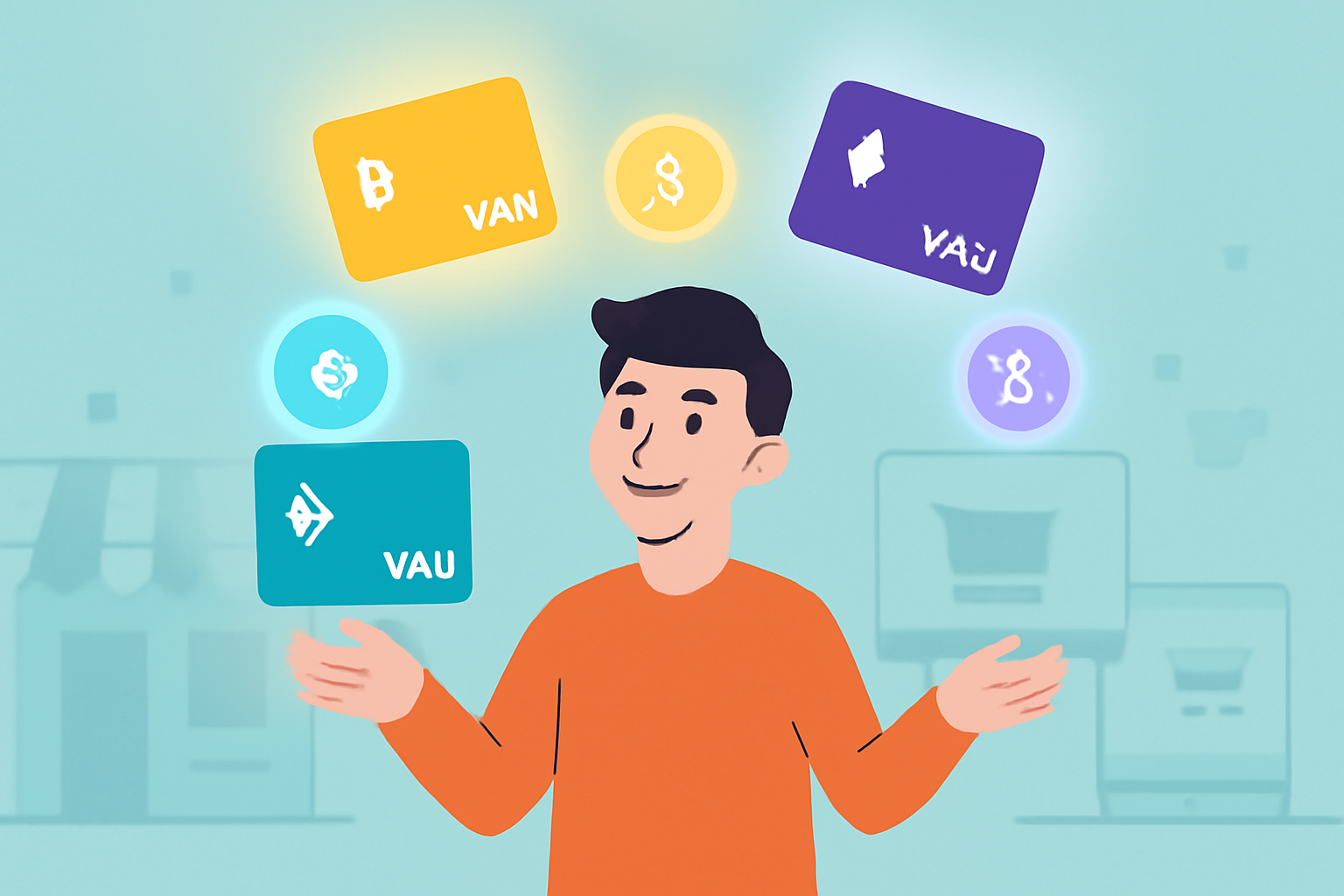A user juggling three distinct crypto Visa cards, each glowing with different reward icons, over a digital shopping landscape.