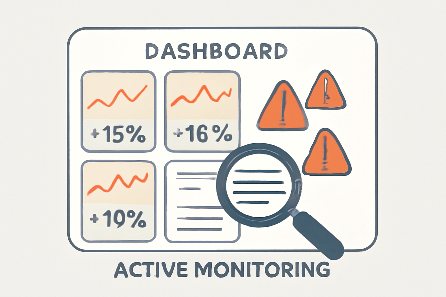 A dashboard with fluctuating reward percentages, alert icons, and a magnifying glass over fine print, representing active monitoring.