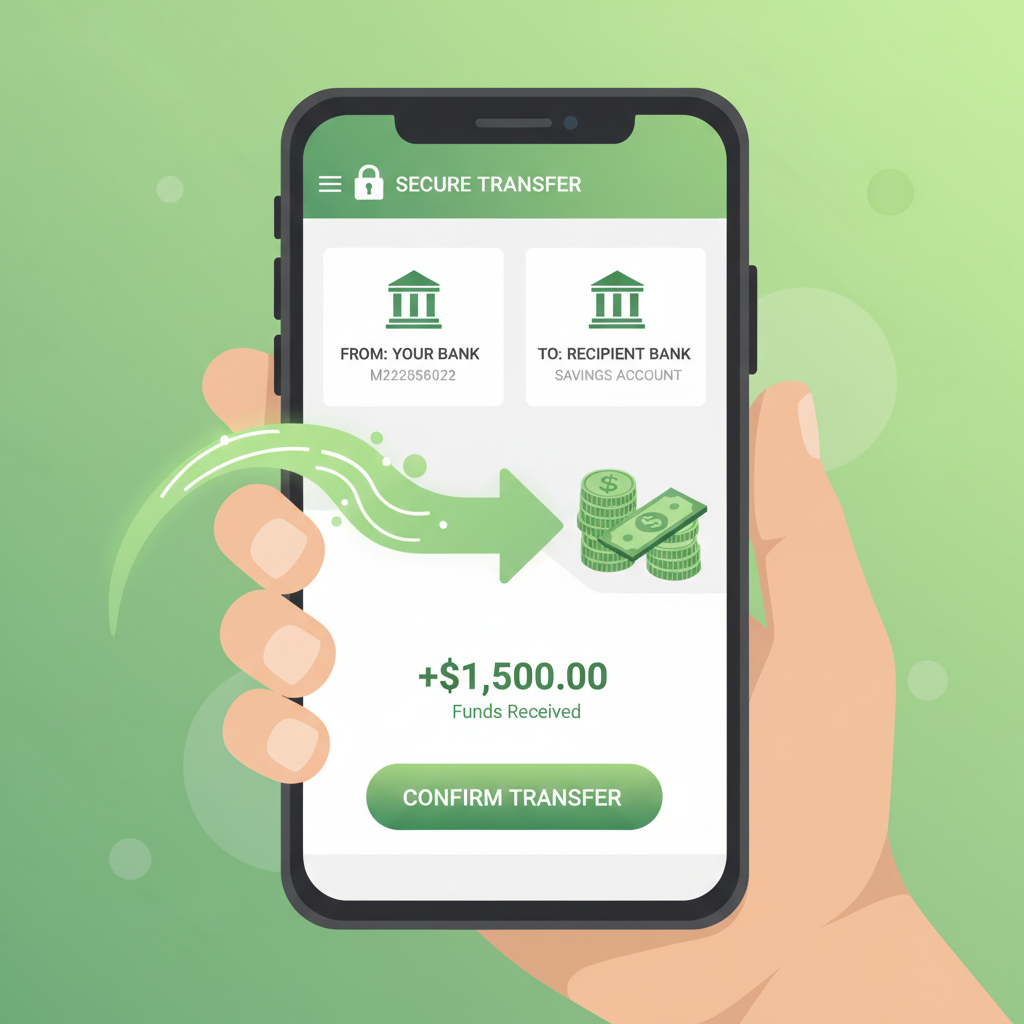secure ACH bank transfer on mobile banking app, money flowing in, vibrant green tones