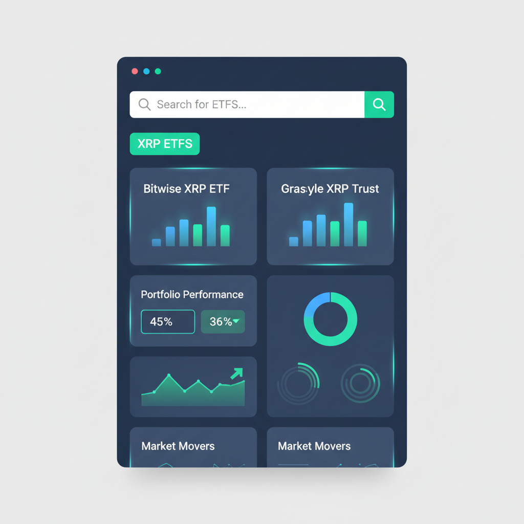 trading app screen searching XRP ETFs like Bitwise Grayscale, charts glowing, professional dashboard