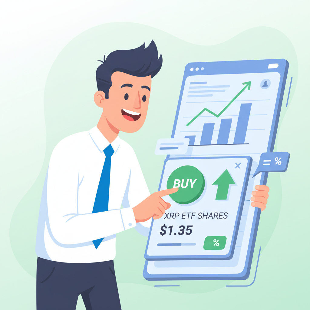 excited trader hitting buy button on XRP ETF shares at $1.35, green up arrow, dynamic stock app