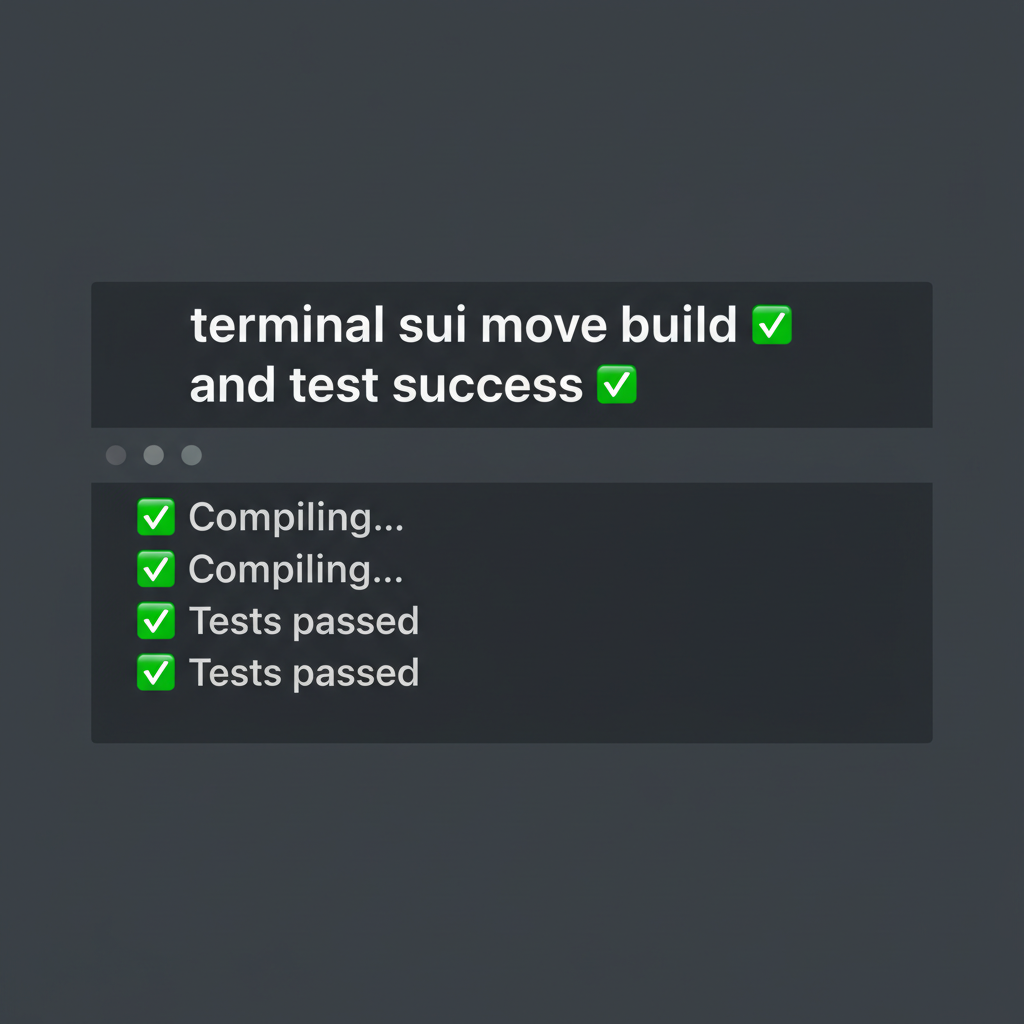 terminal sui move build and test success, green checkmarks, clean output dark bg