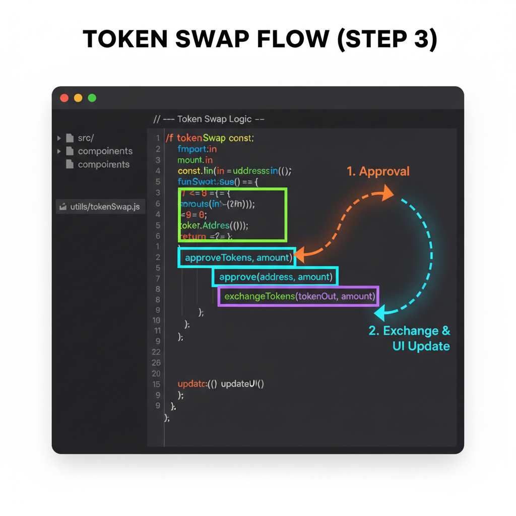 Move code editor with token swap functions highlighted, arrows showing swap flow, vibrant syntax