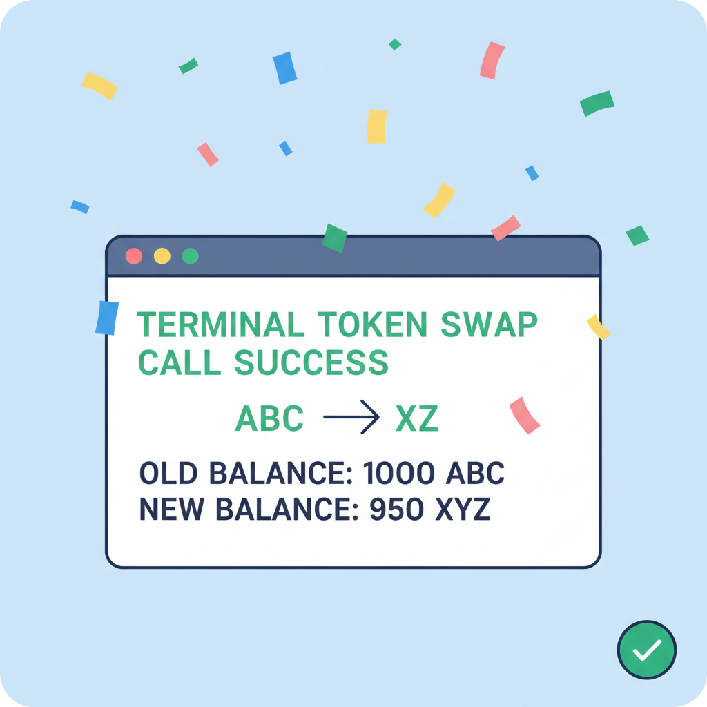 terminal token swap call success, balance changes visible, celebratory confetti effect