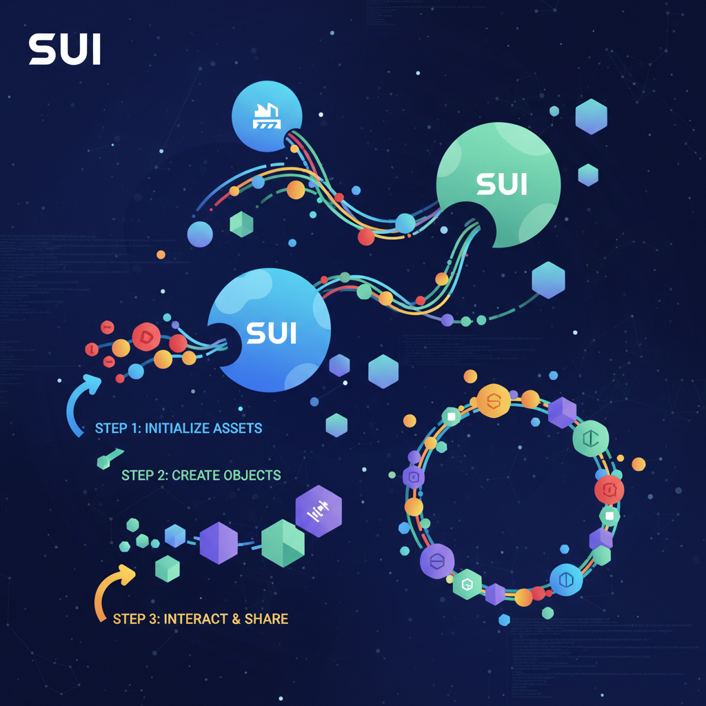 abstract Sui blockchain objects floating in space, colorful tokens connecting, sci-fi diagram