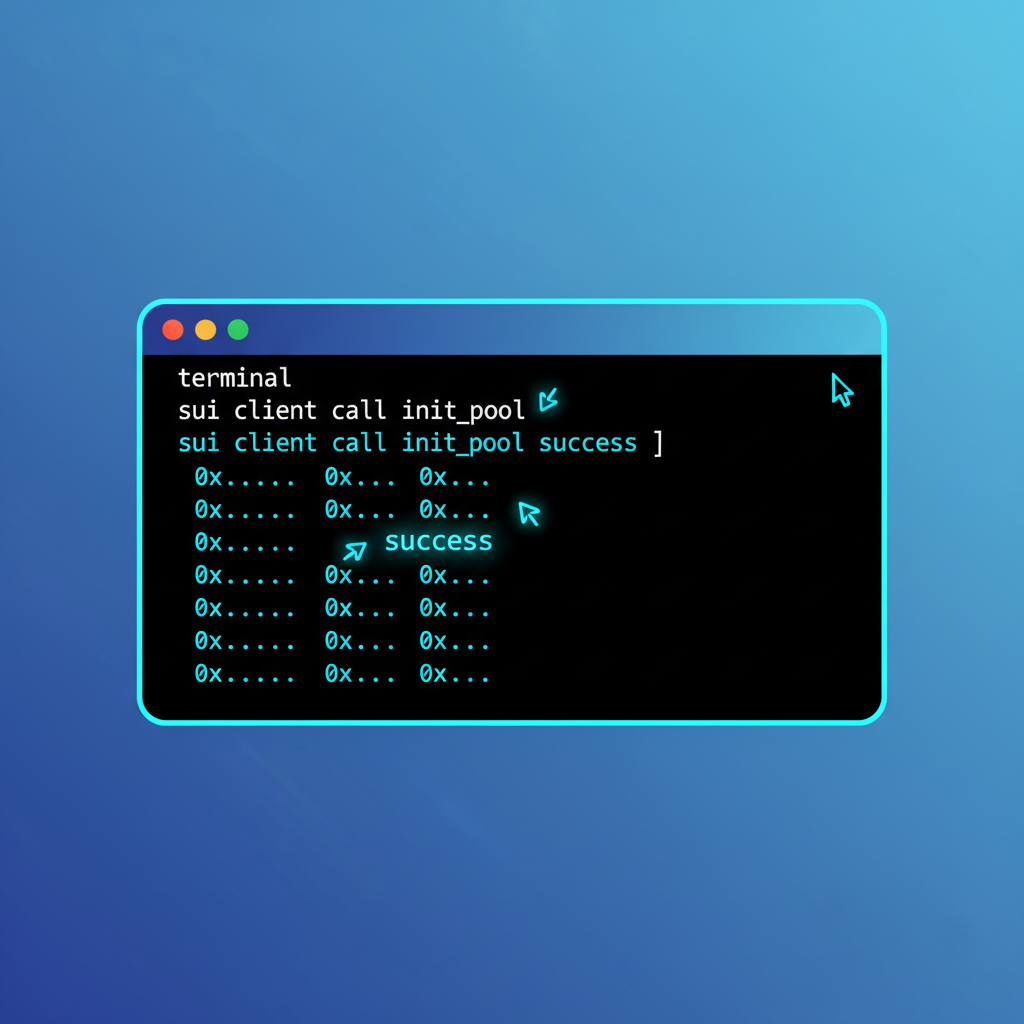 terminal sui client call init_pool success, object IDs shown, neon blue accents