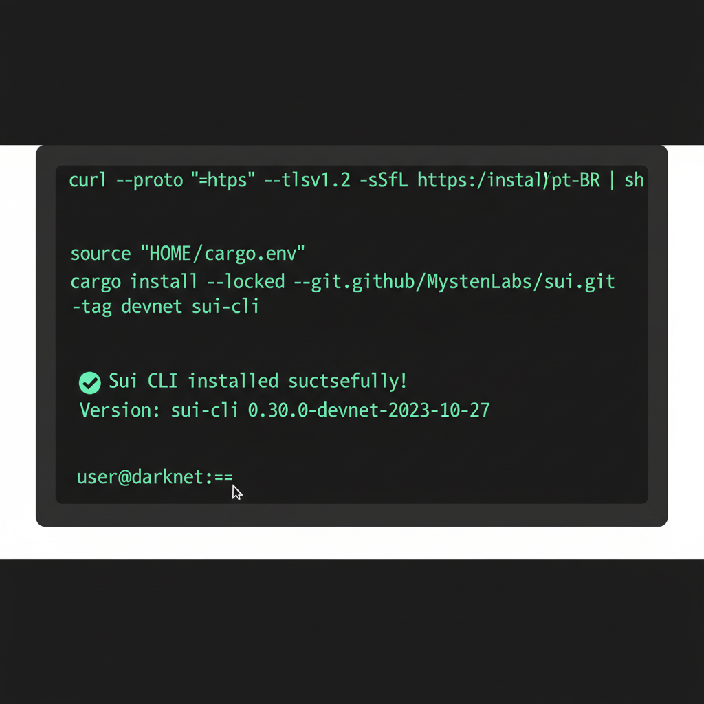terminal installing Sui CLI with success output, dark theme glowing green text, hacker aesthetic
