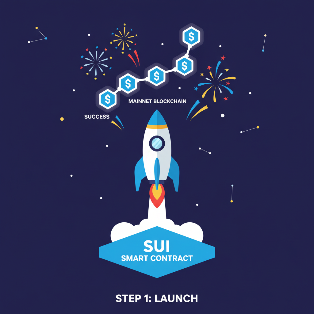 rocket launching Sui smart contract to mainnet blockchain, starry space background, success fireworks