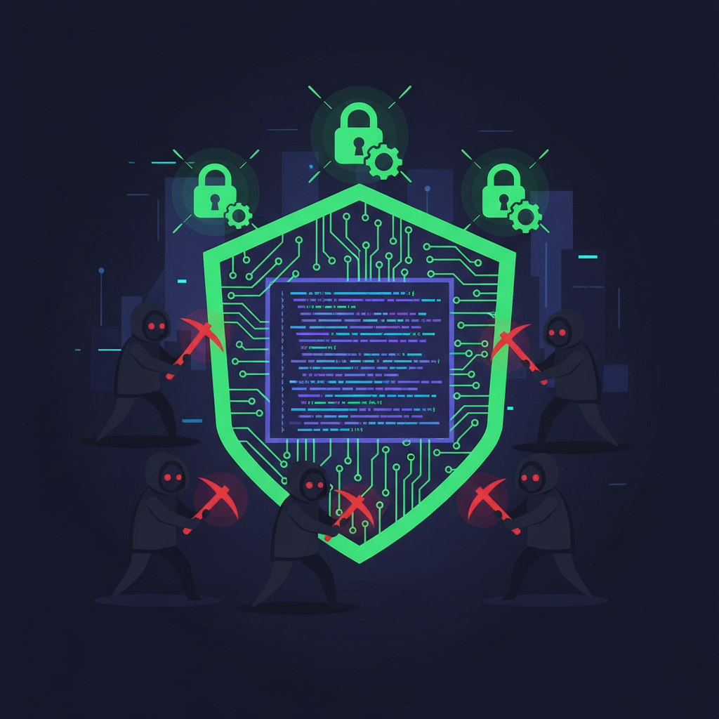 shield protecting smart contract code from hacker icons, glowing green security locks, cyberpunk style