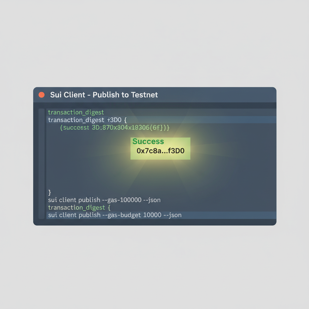 terminal sui client publish to testnet, transaction digest highlighted, success glow