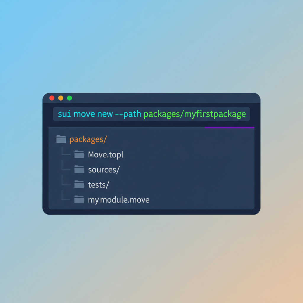 terminal sui move new command creating package, folder structure visible, vibrant code theme