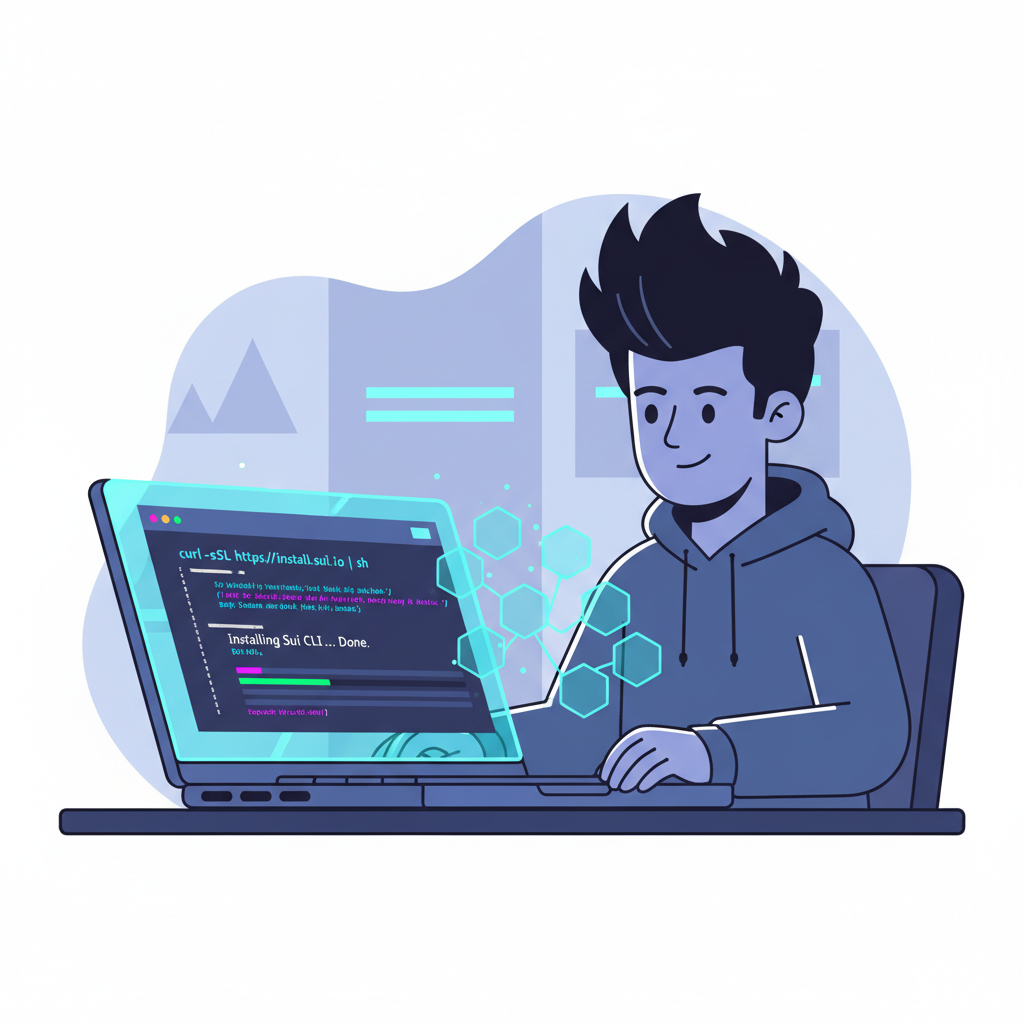 developer installing Sui CLI on laptop screen, vibrant neon code glow, futuristic blockchain setup