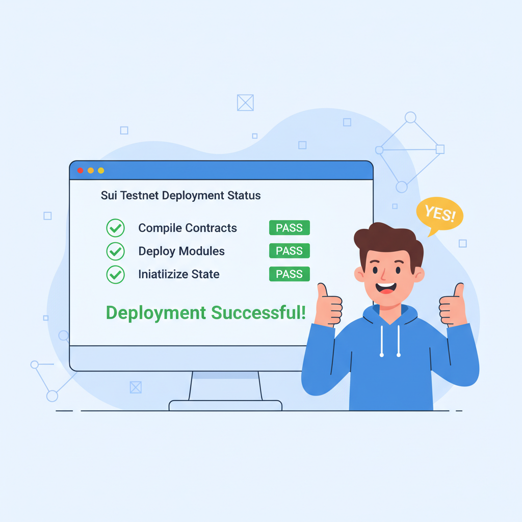 Sui testnet deployment screen with passing tests, green checkmarks, excited developer thumbs up