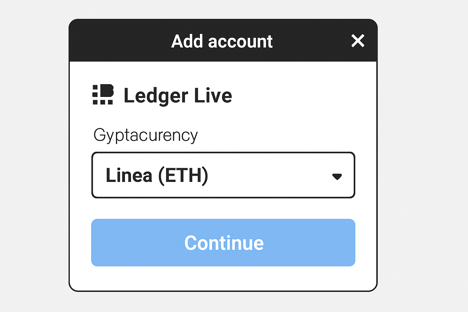 Ledger Live 'Add account' window with 'Linea (ETH)' selected from a dropdown menu.