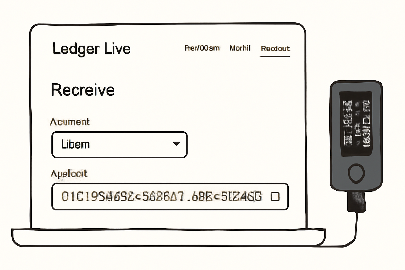 Ledger Live showing the 'Receive' screen with a Linea address, Ledger device displaying the same address for verification.