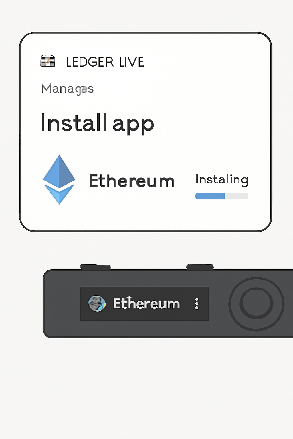 Ledger Live displaying the Ethereum app installation process on a Ledger Nano device.